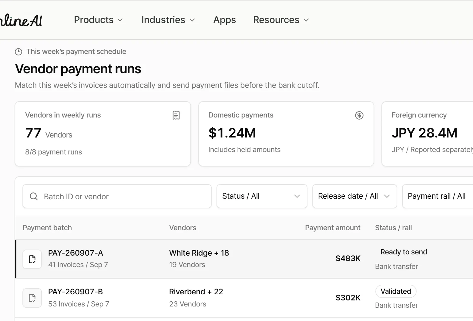 Vendor payment runs app screen