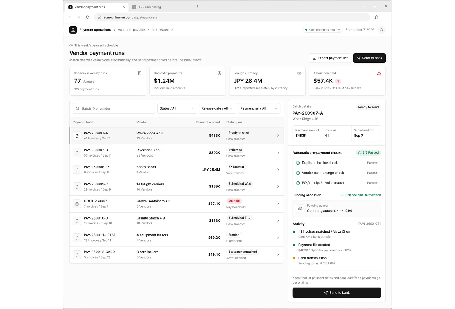 Vendor payment runs app screen