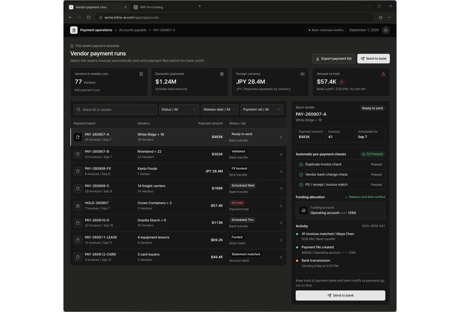 Vendor payment runs app screen