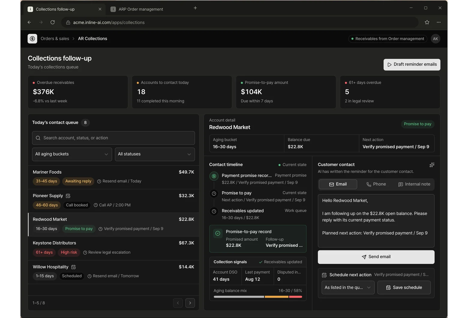Collections follow-up app screen