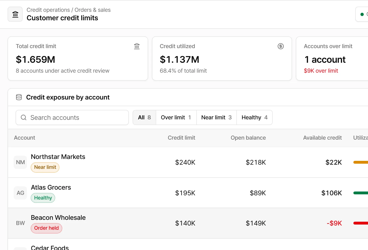 Customer credit limits app screen