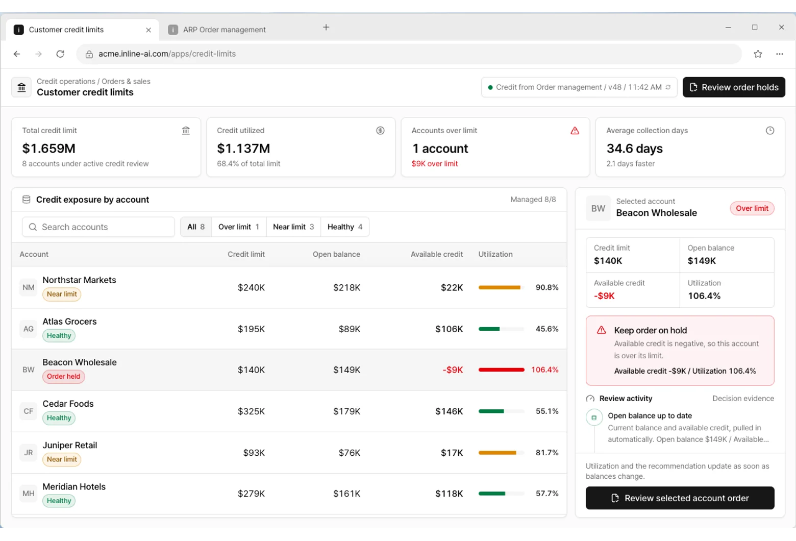 Customer credit limits app screen
