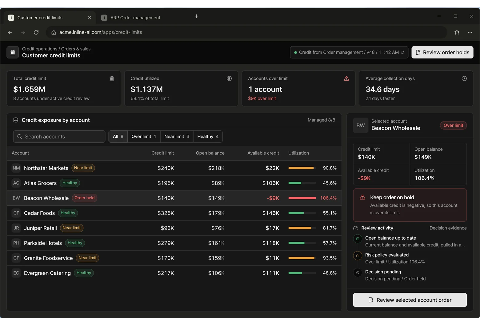 Customer credit limits app screen
