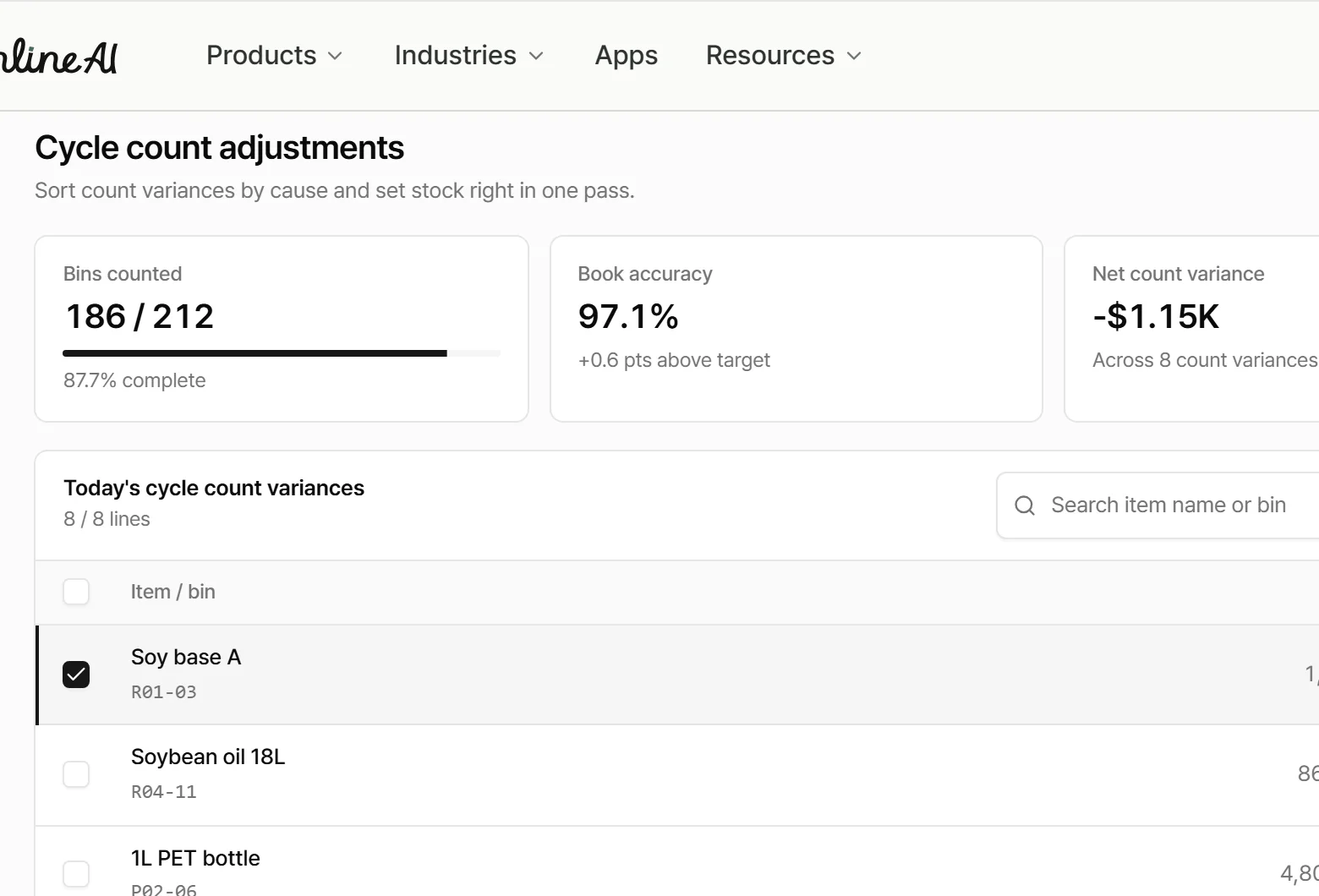 Cycle count adjustments app screen