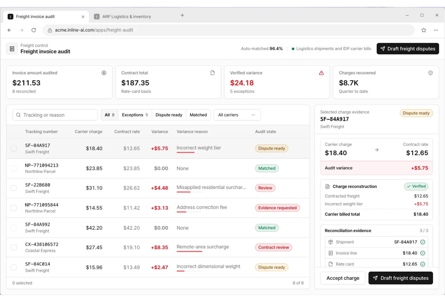 Freight invoice audit app screen