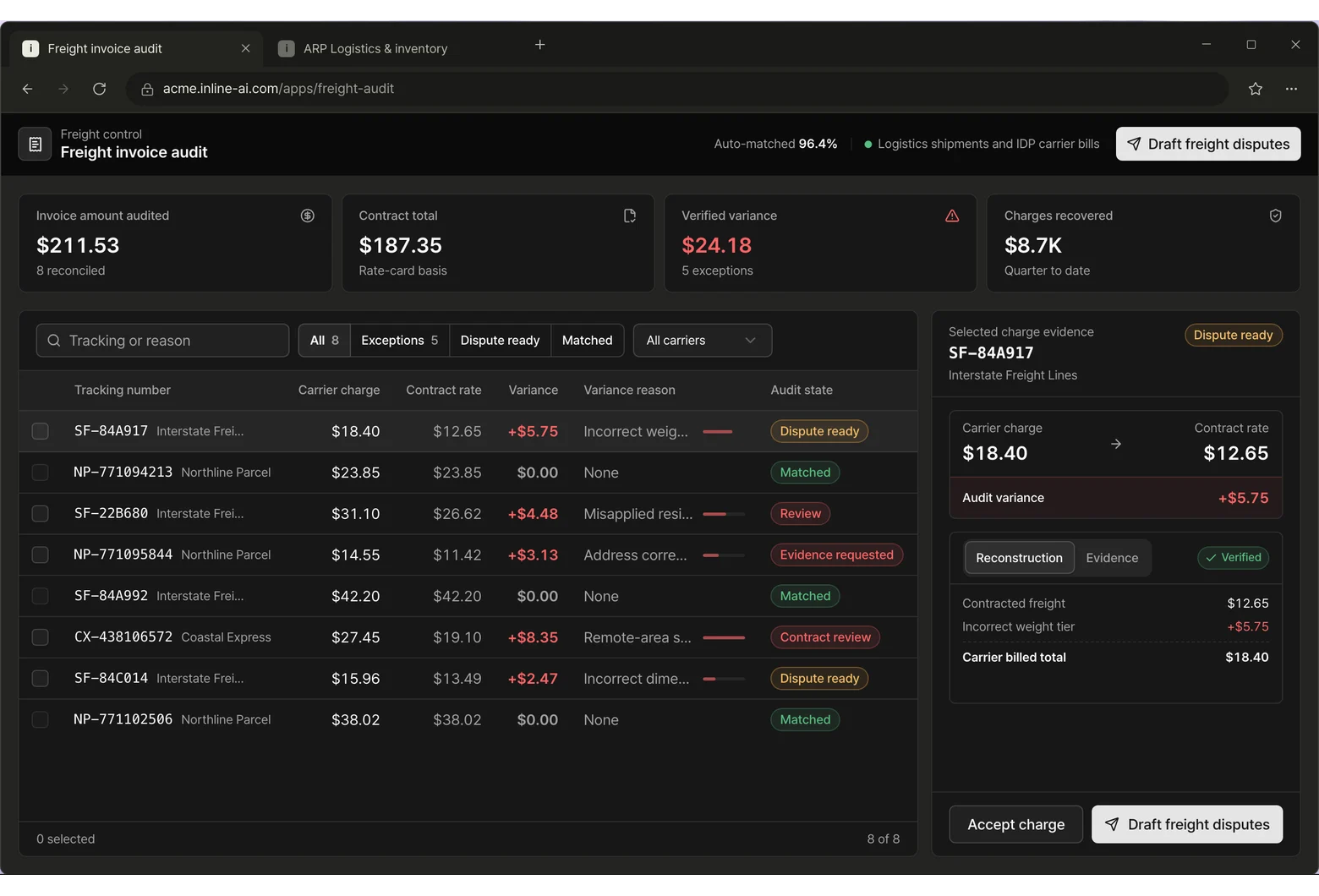 Freight invoice audit app screen
