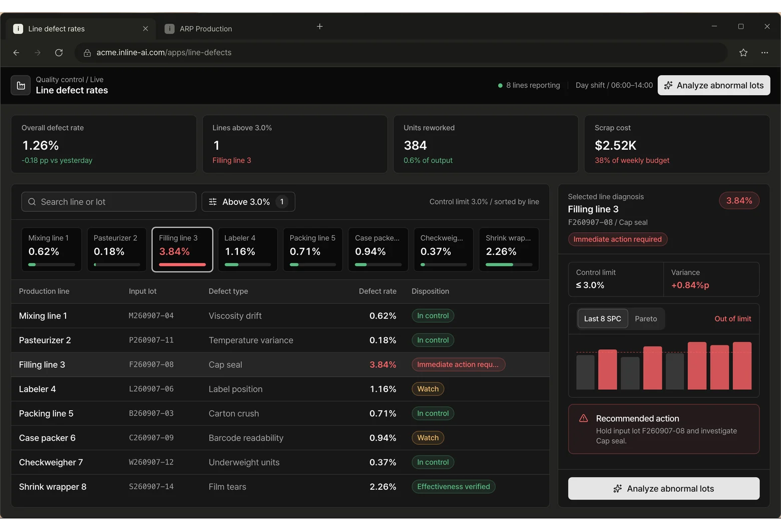 Line defect rates app screen