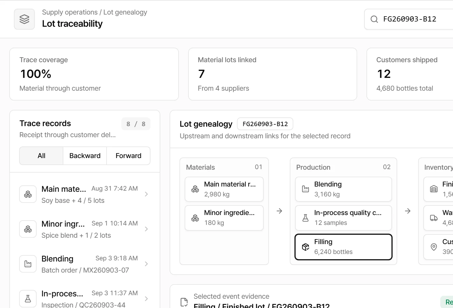 Lot traceability app screen