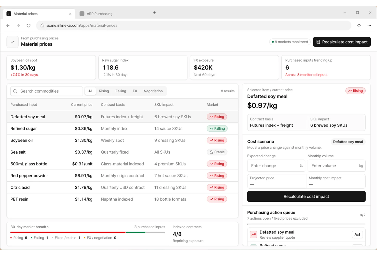 Material prices app screen