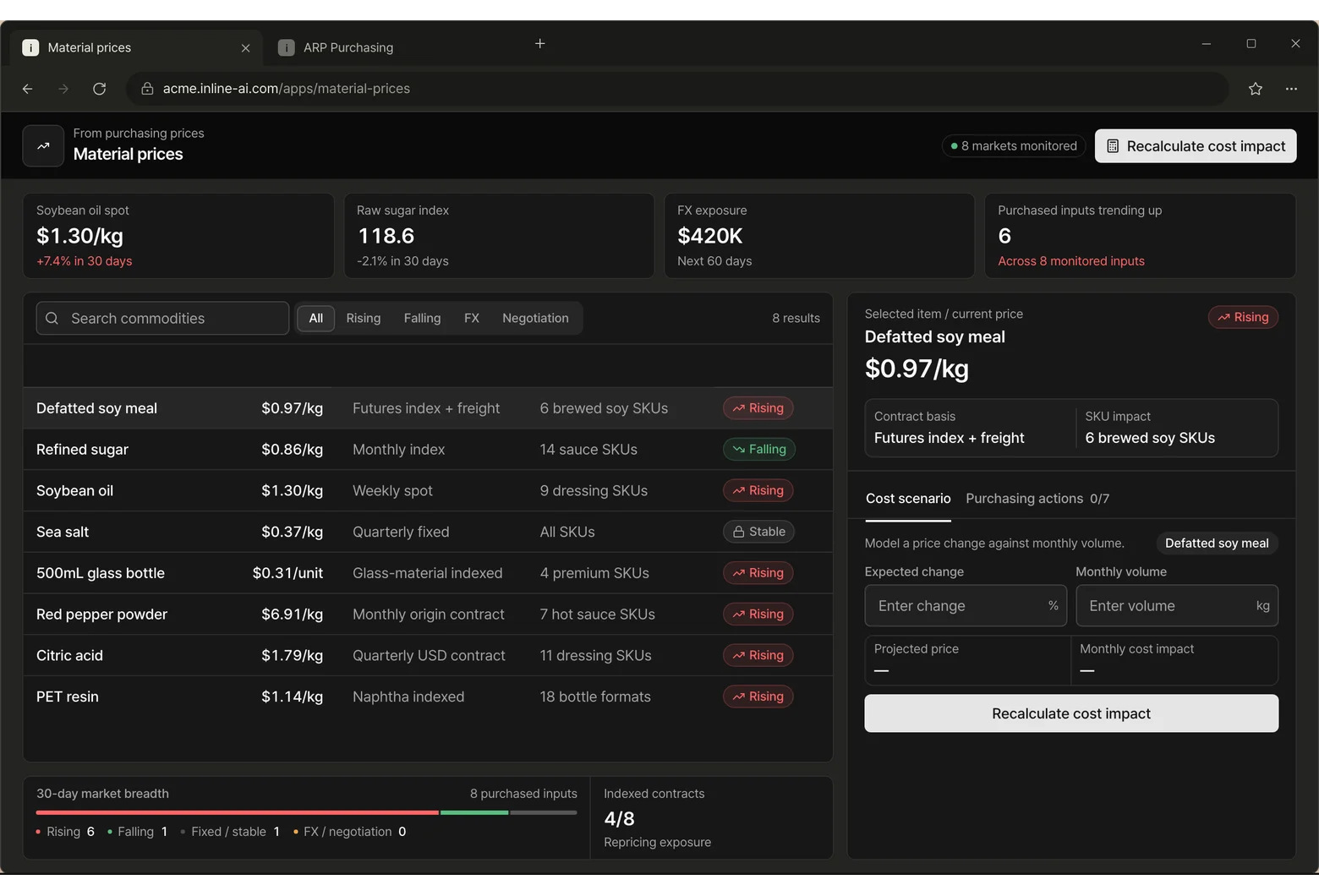 Material prices app screen