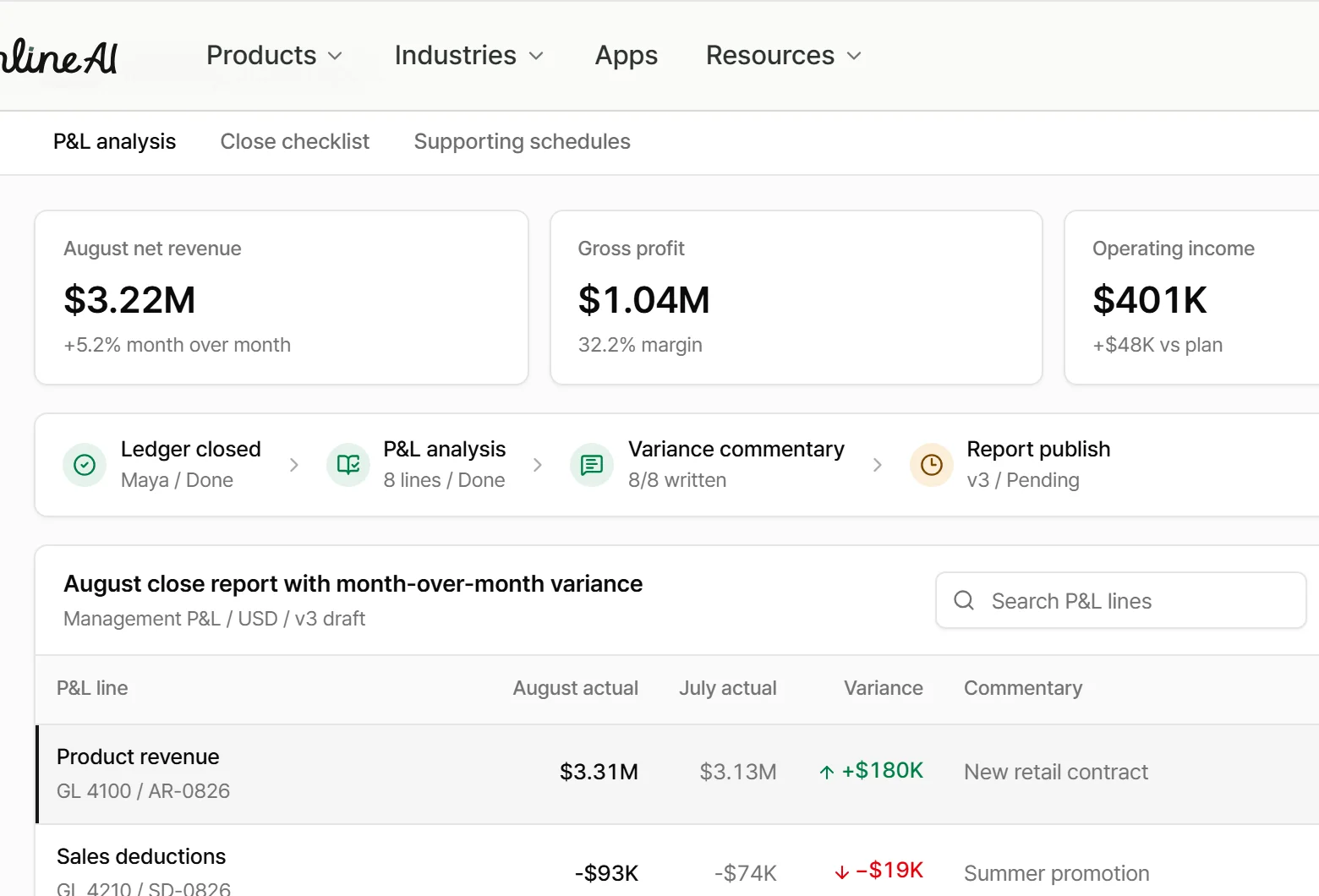 Monthly close report app screen