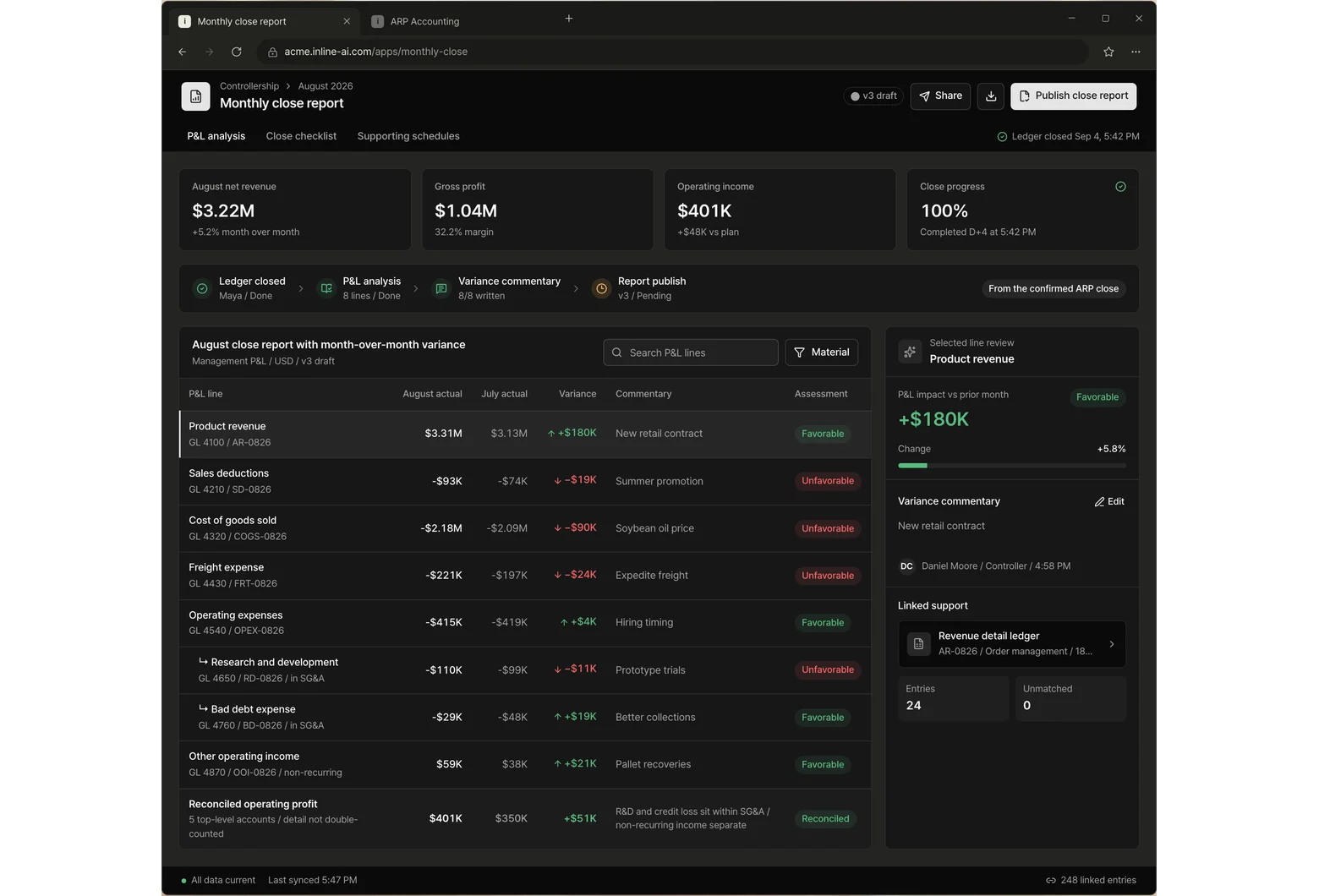 Monthly close report app screen