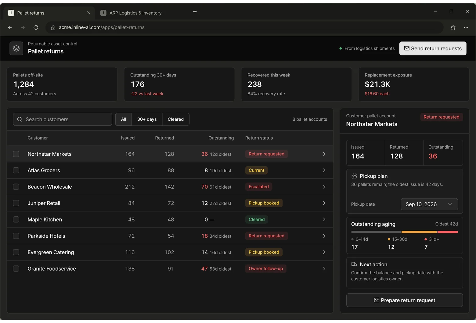 Pallet returns app screen