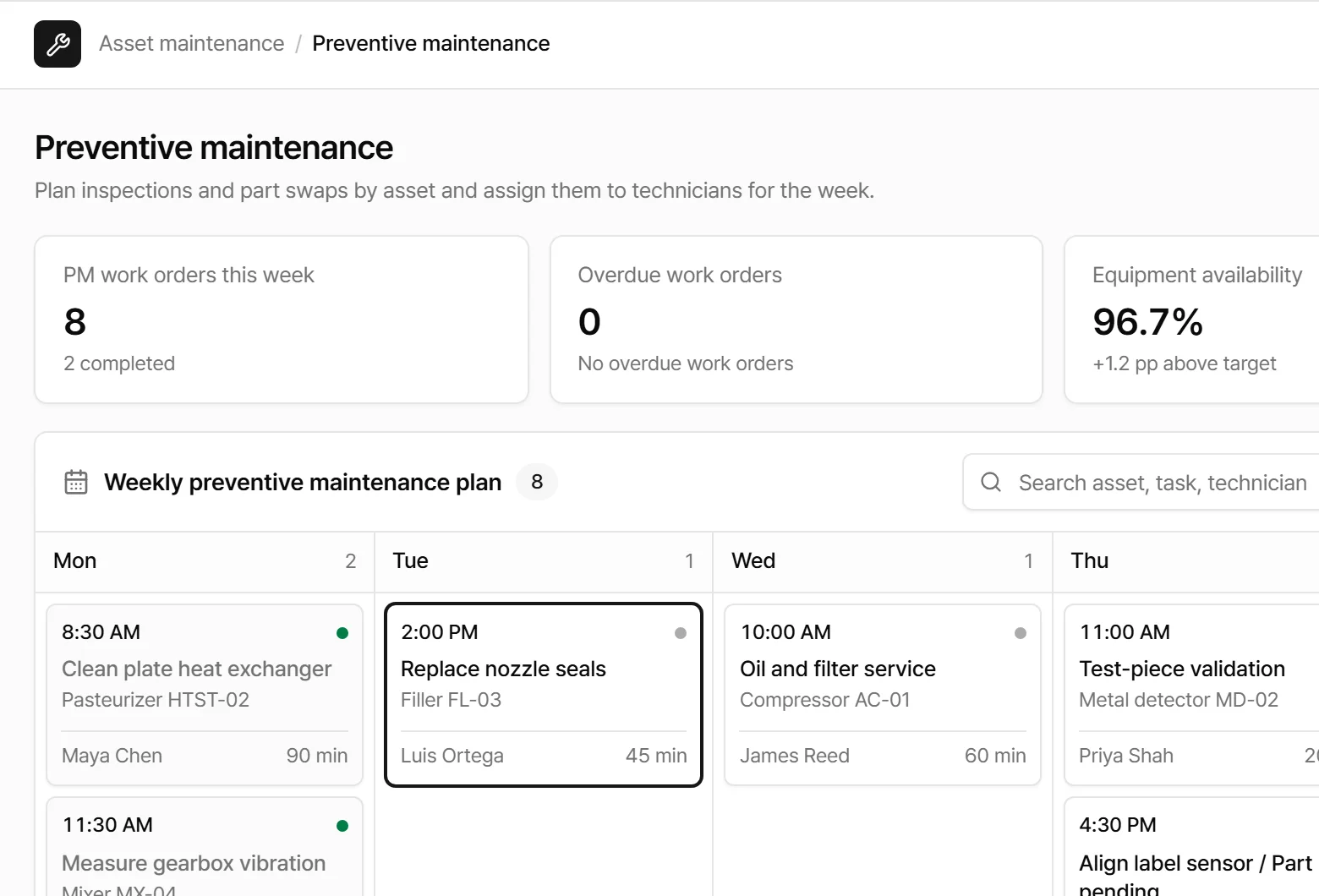 Preventive maintenance app screen
