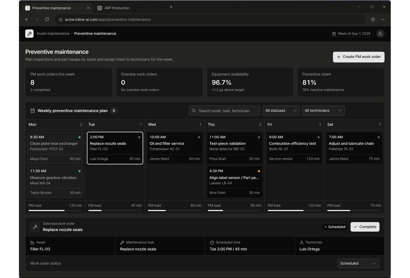 Preventive maintenance app screen