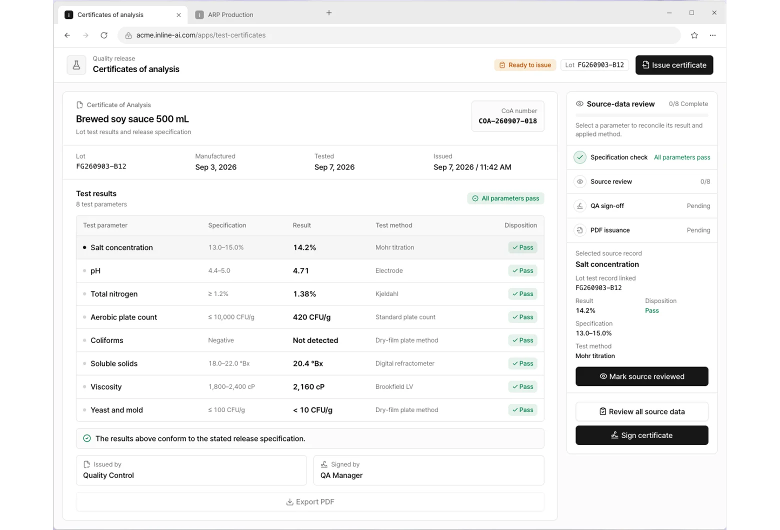 Certificates of analysis app screen