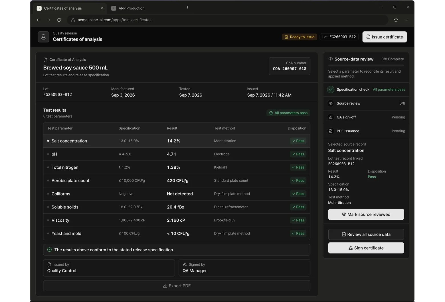 Certificates of analysis app screen