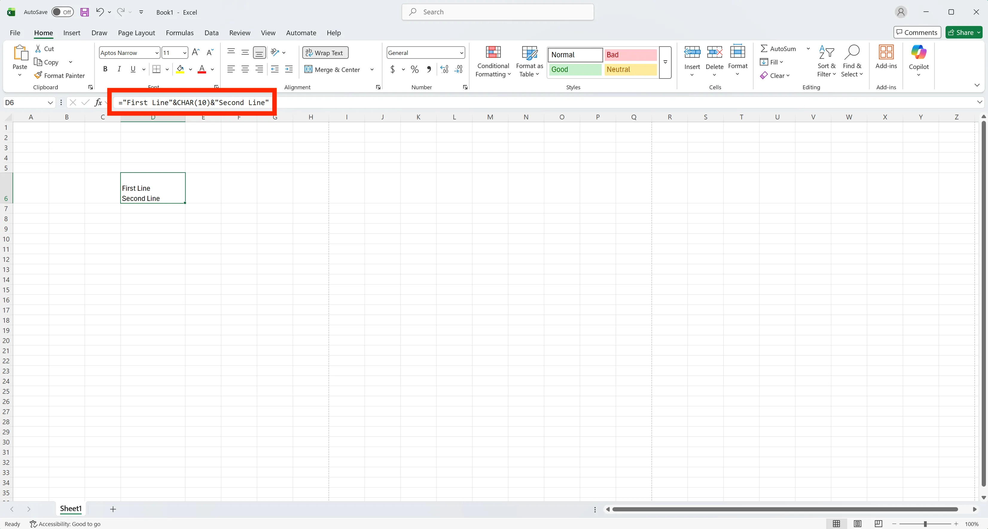 엑셀 CHAR 함수 줄바꿈 수식 예시