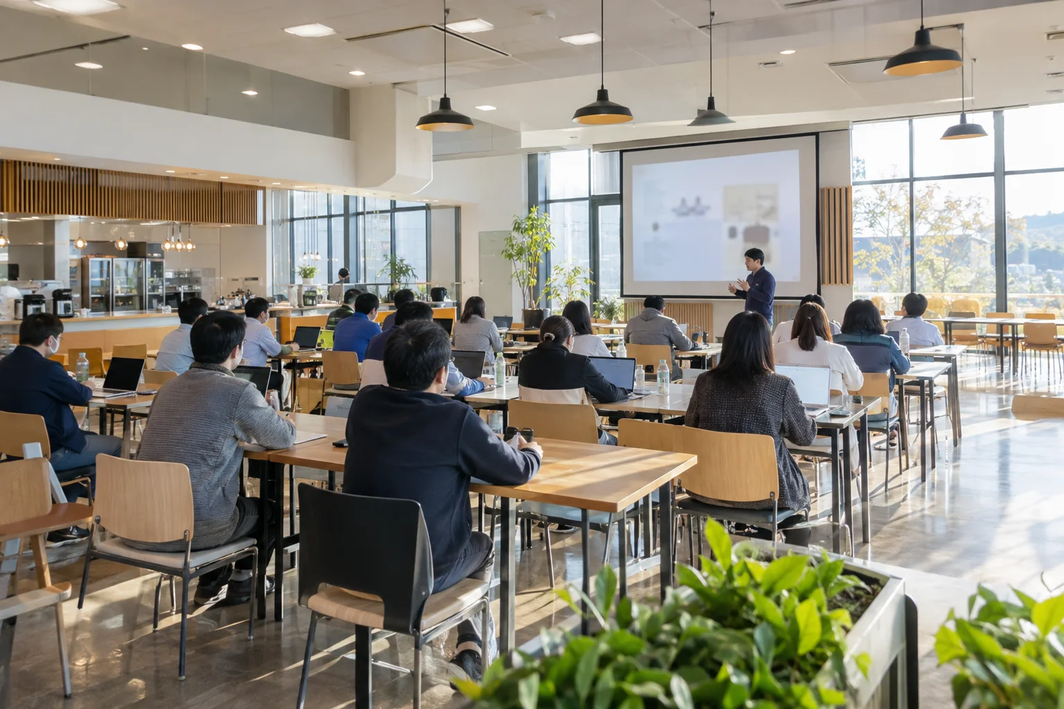 밝은 회사 식당을 강의실로 바꿔 직원 스무 명이 노트북을 펴고 앞쪽 강사의 설명을 듣는 오후 사내 교육
