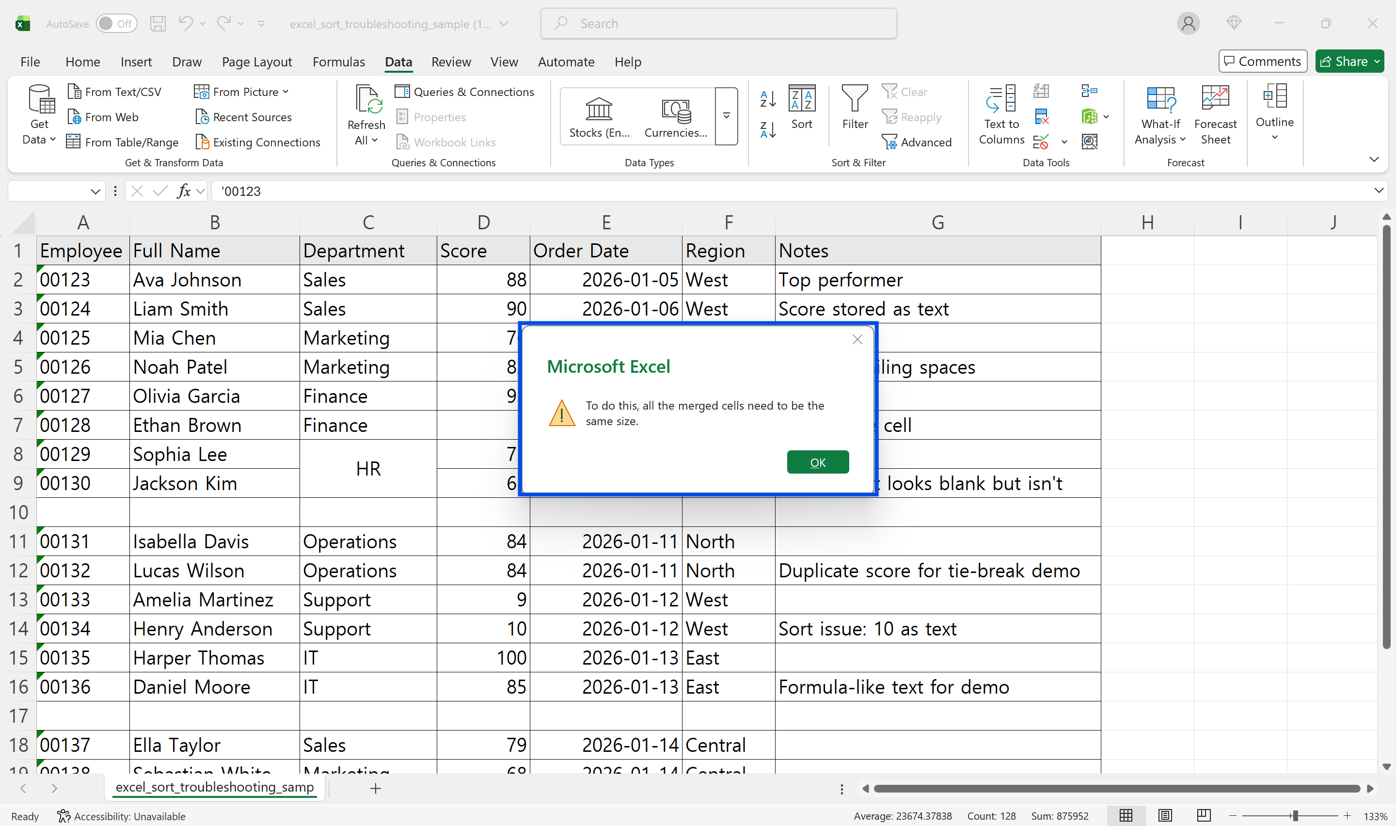 병합 셀이 정렬을 막는 예시