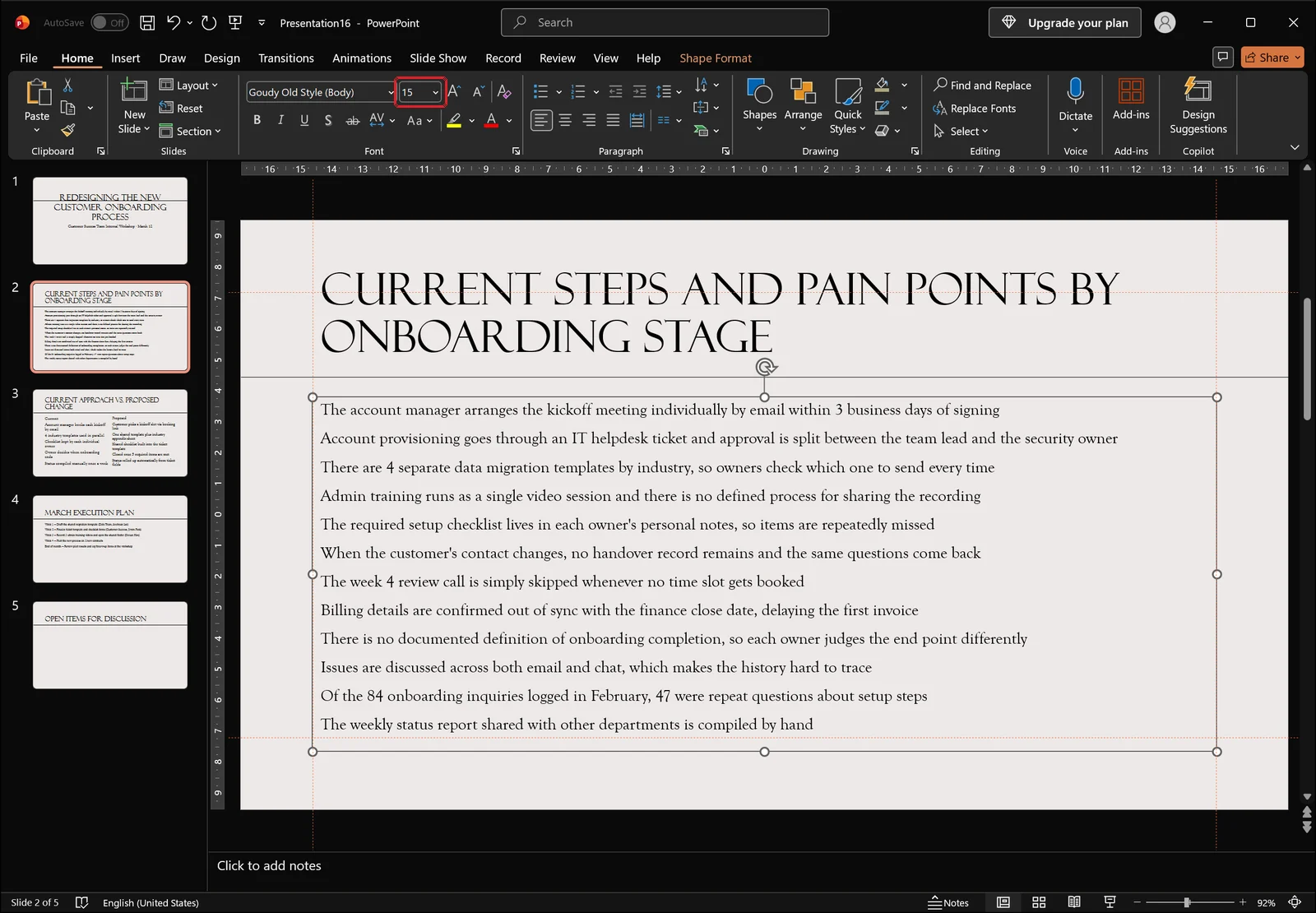 PowerPoint Home tab with the font size box highlighted while the shrunken body placeholder is selected