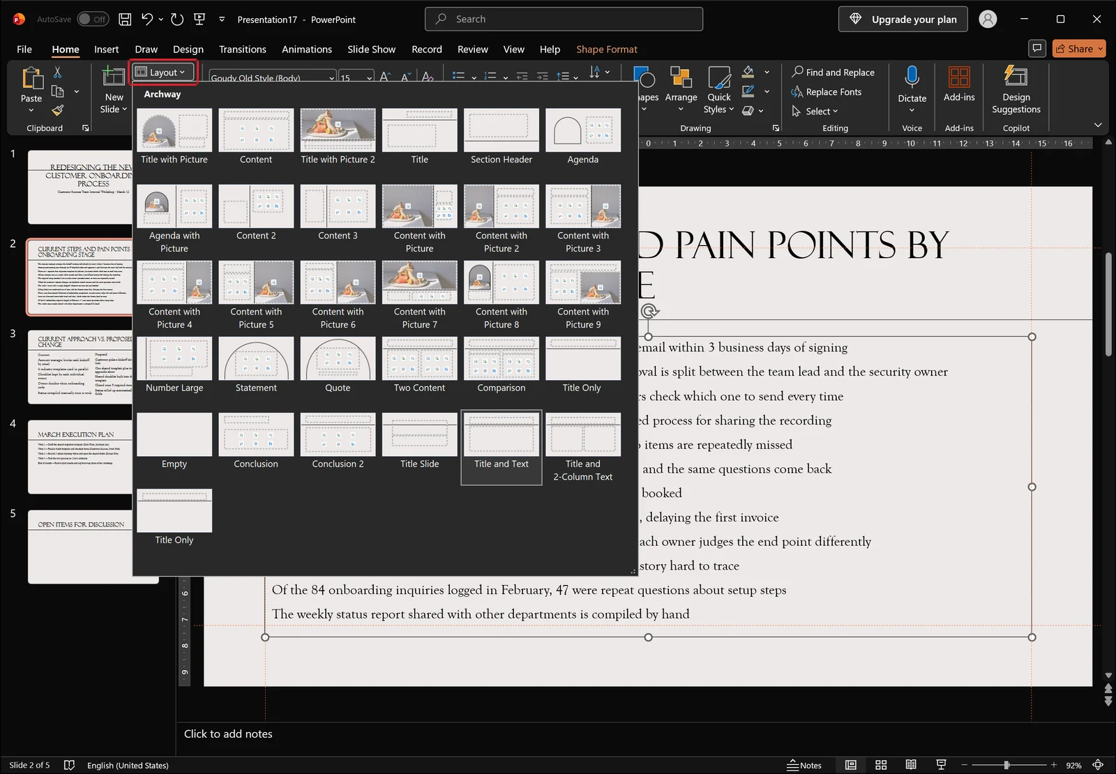 PowerPoint Home tab with the slide layout gallery dropdown open and the Layout button highlighted