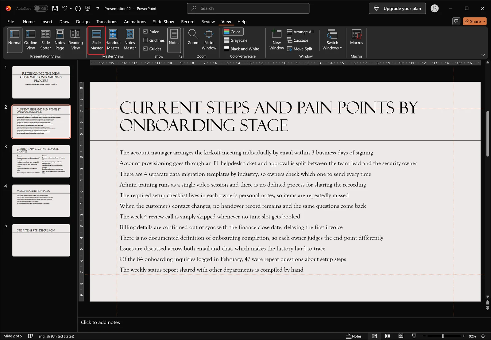 PowerPoint View tab with the Slide Master button highlighted