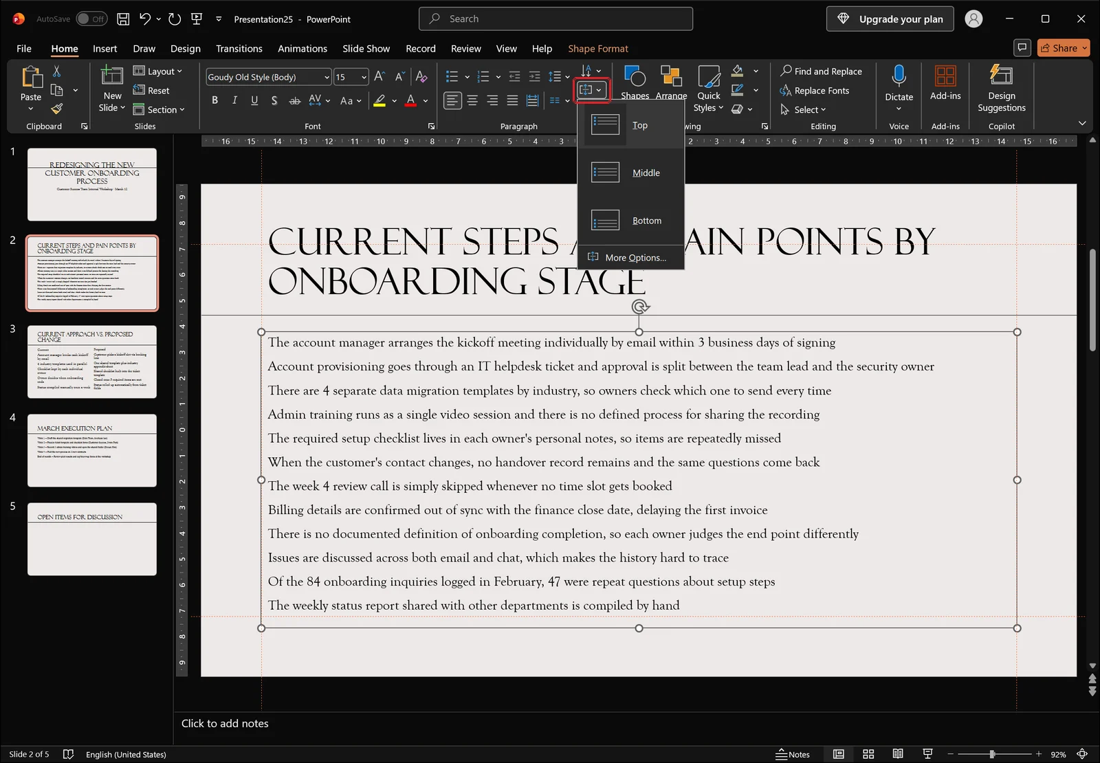 PowerPoint Home tab with the vertical text alignment dropdown open and the button highlighted