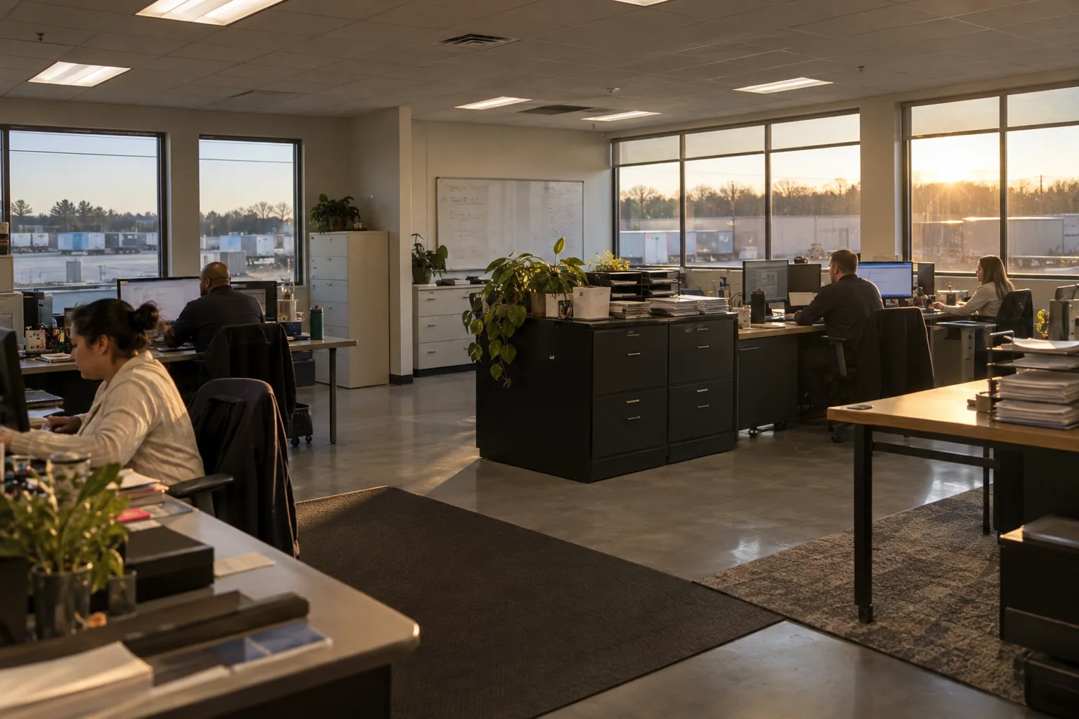 Open-plan office at a distribution company with finance staff at their desks in late afternoon light