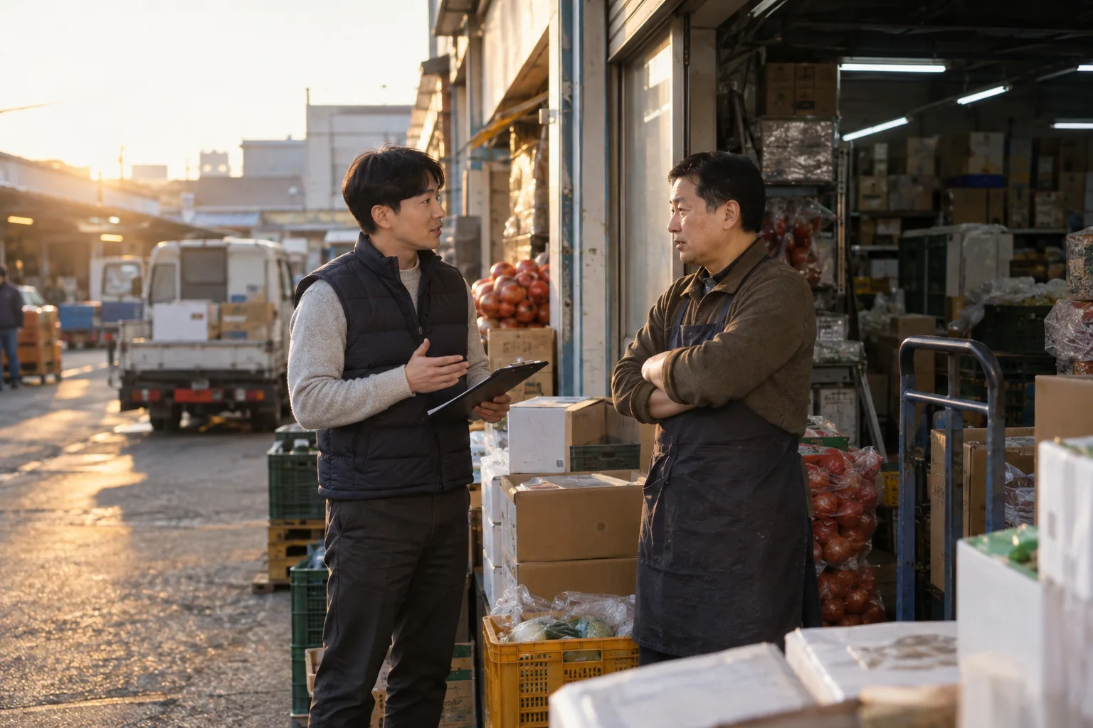 오후 늦게 시장 골목 거래처 도매상 앞에서 패딩 조끼 차림의 영업 관리자가 상자 더미 옆에 선 사장과 이야기하는 모습