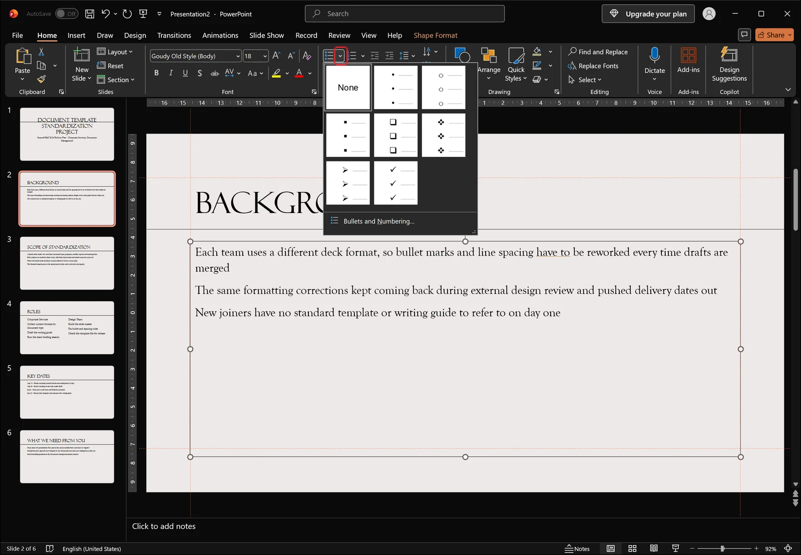 PowerPoint Bullets gallery dropdown open showing filled and hollow round, square, diamond, arrowhead and check bullet thumbnails, a None tile at the top left and a Bullets and Numbering command at the bottom