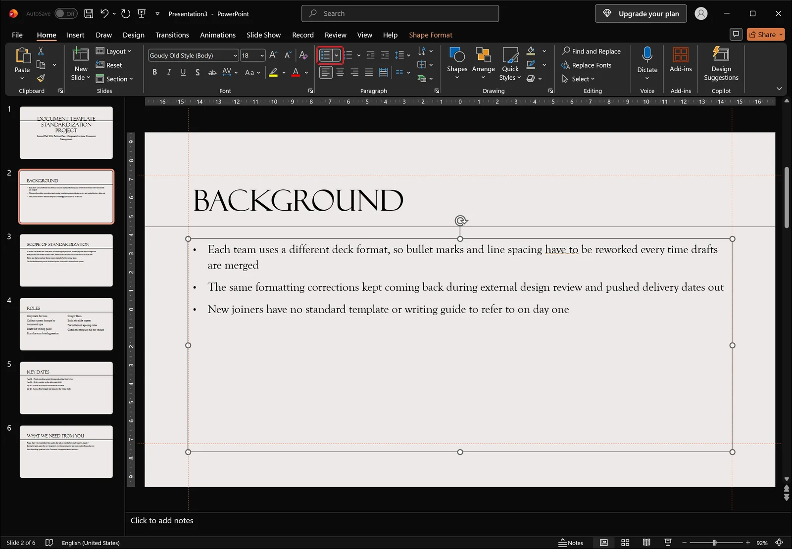 PowerPoint window after clicking the Bullets toggle, with the selected list showing the changed bullet state