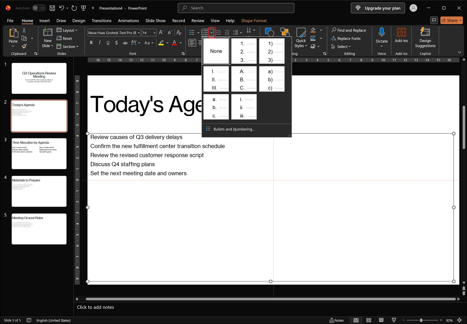 PowerPoint Numbering gallery dropdown open showing number format thumbnails and a None option