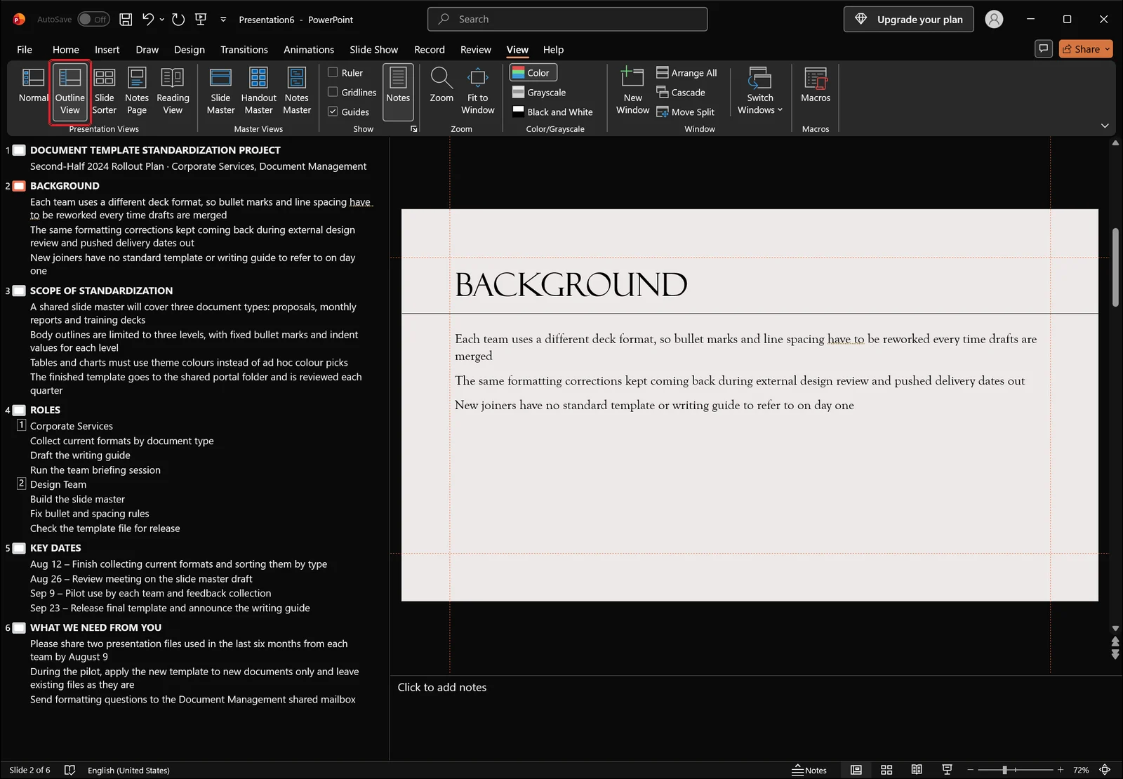 PowerPoint in Outline view showing slide titles and indented body lines by list level in the left pane
