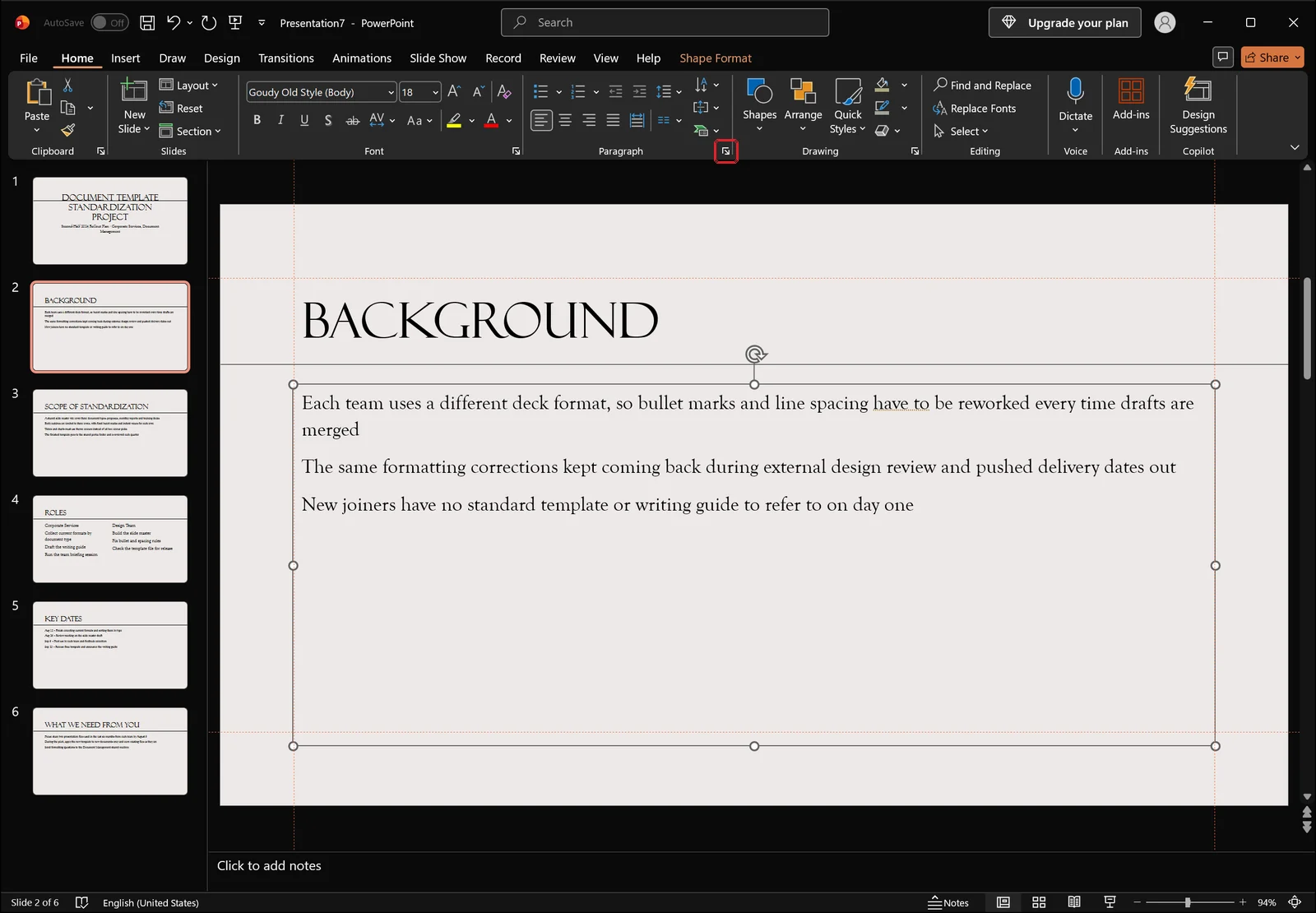PowerPoint Home tab with a red box on the Paragraph group dialog launcher arrow and the body placeholder selected
