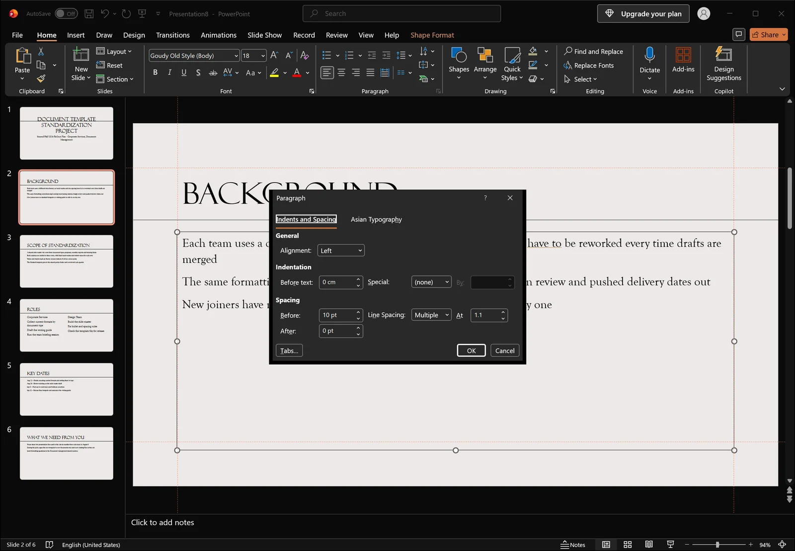 PowerPoint Paragraph dialog, Indents and Spacing tab, with Before text 0 cm, Special (none) and the By box greyed out, plus Spacing Before 10 pt, After 0 pt and Line Spacing Multiple At 1.1