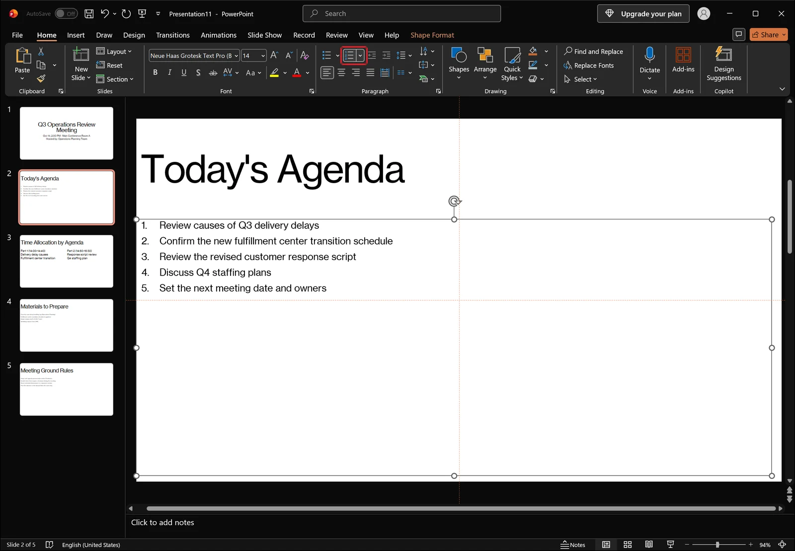 PowerPoint window after clicking Numbering, with the agenda lines showing automatic sequential numbers