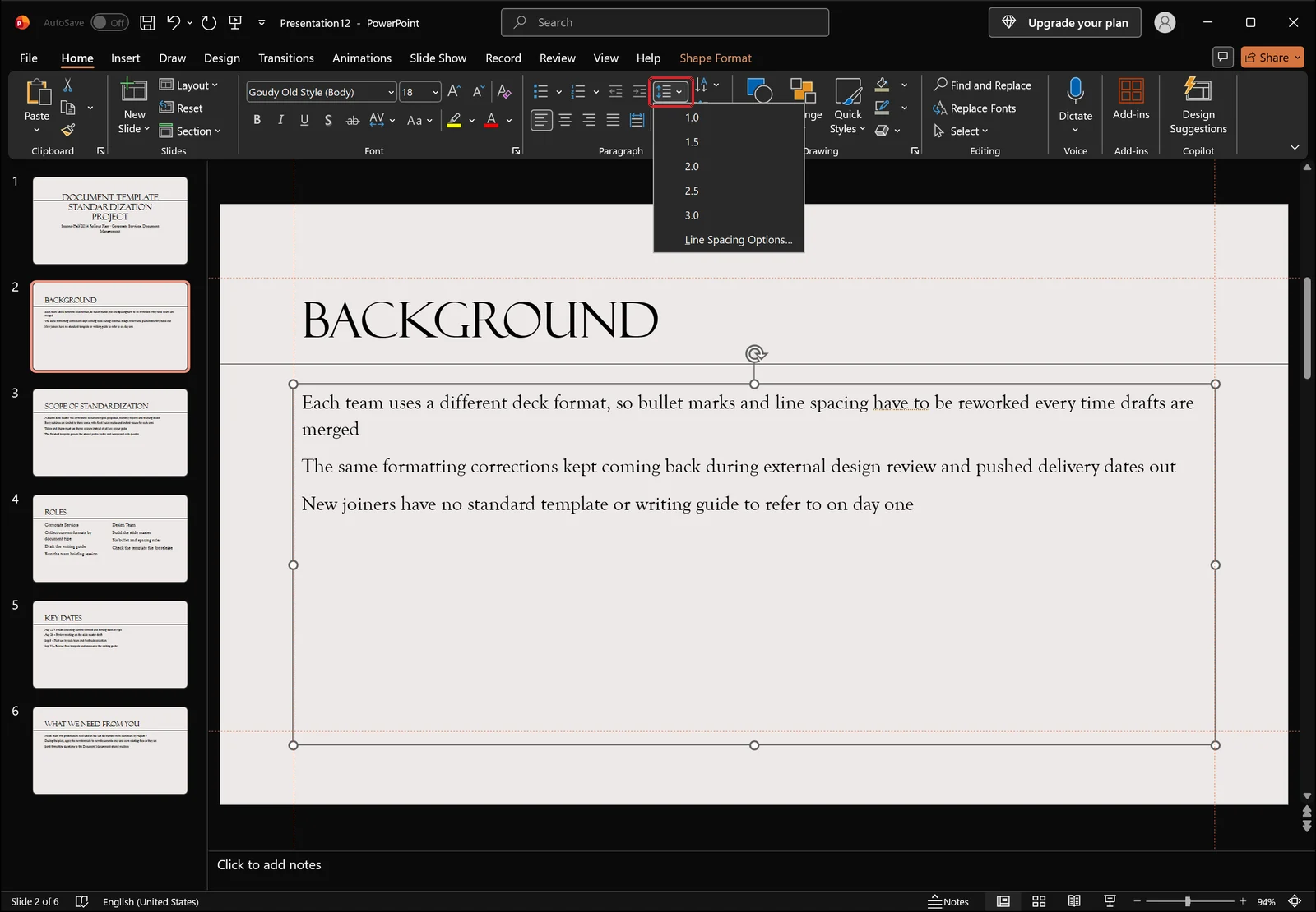 PowerPoint Home tab with the Line Spacing button highlighted and its dropdown open showing 1.0, 1.5, 2.0, 2.5, 3.0 and a Line Spacing Options command