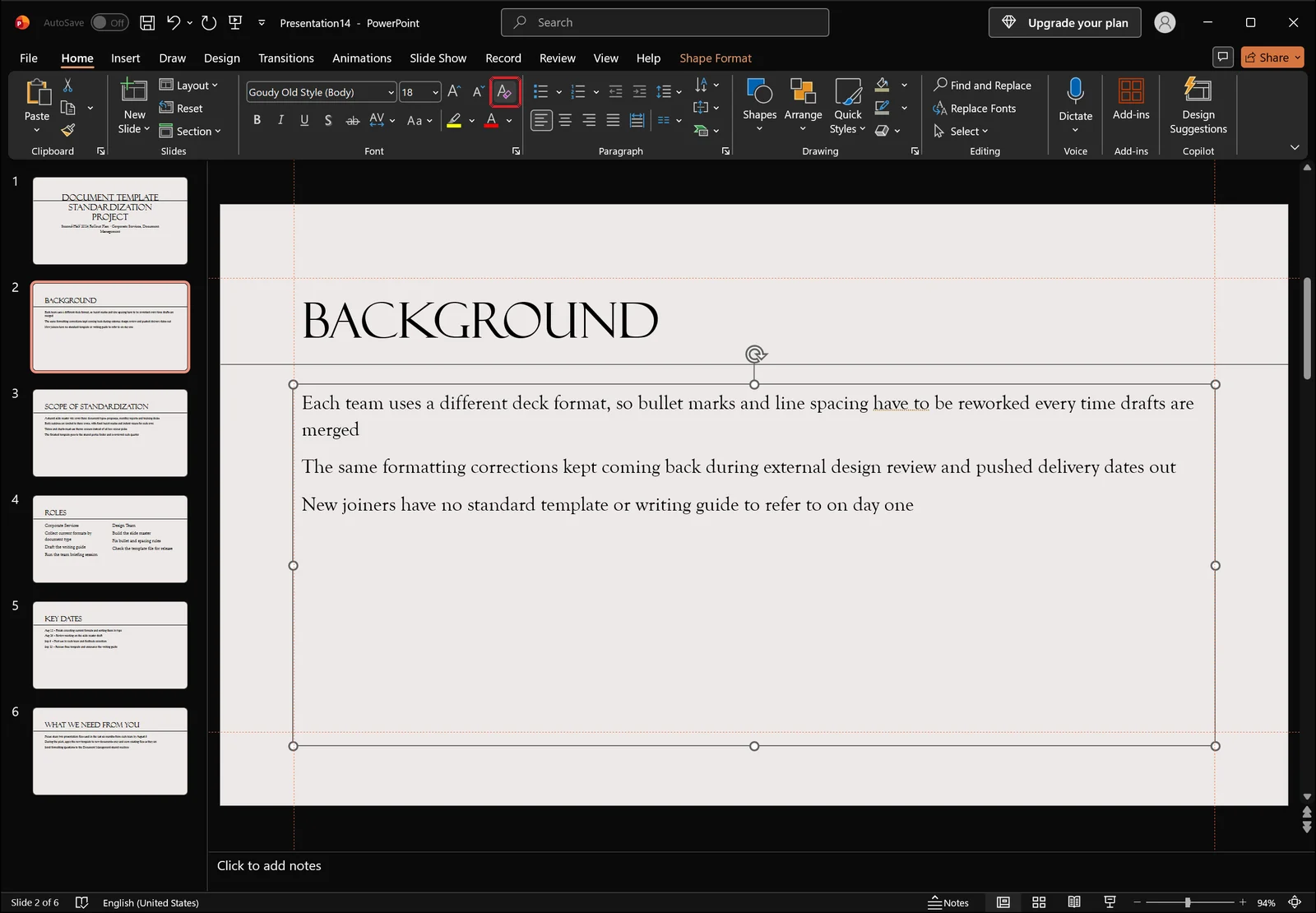 PowerPoint window after clicking Clear All Formatting, with the selected list text reset to plain default formatting