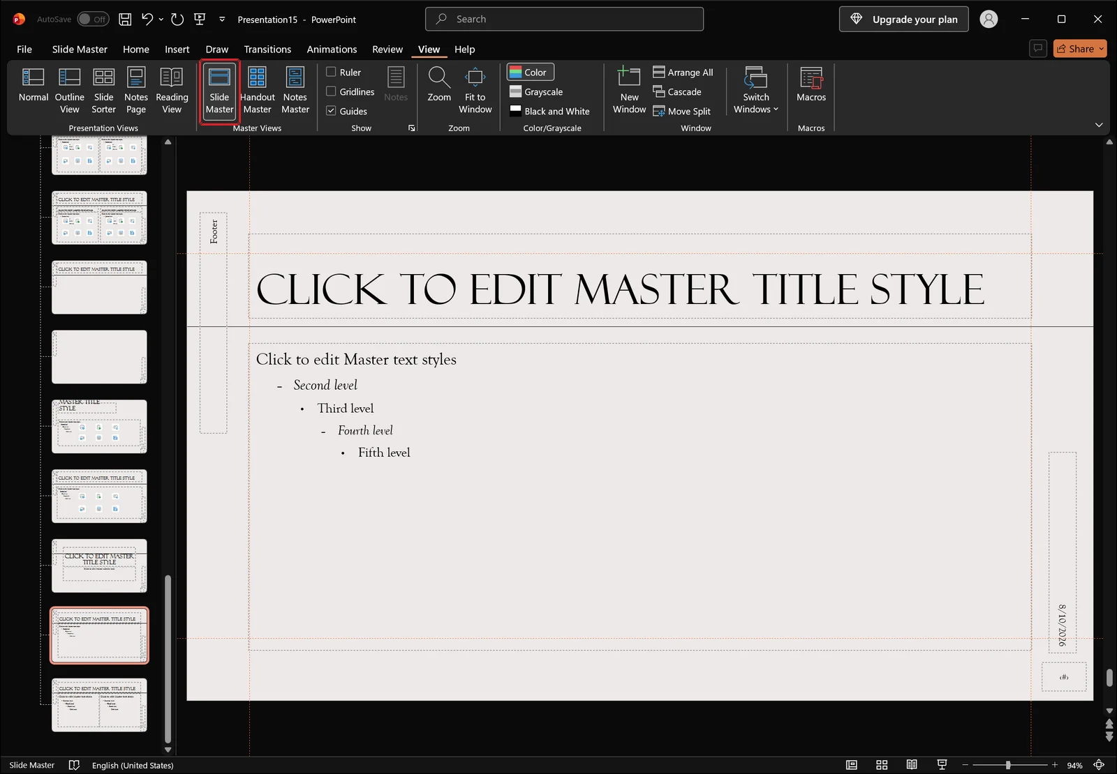 PowerPoint in Slide Master view showing the master slide with multi-level body placeholder text and the layout thumbnail pane