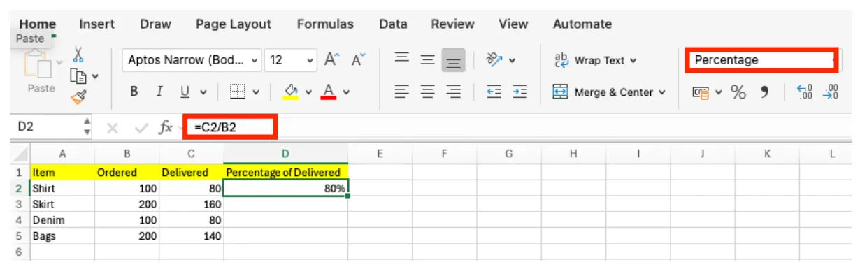 Excel calculating a basic percentage with =C2/B2 and the result formatted as 80%