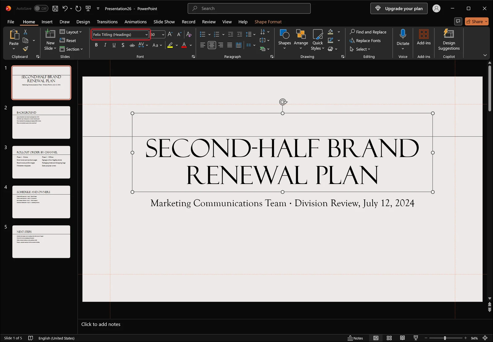 PowerPoint window with the title placeholder selected and a red box on the font name box in the Home tab
