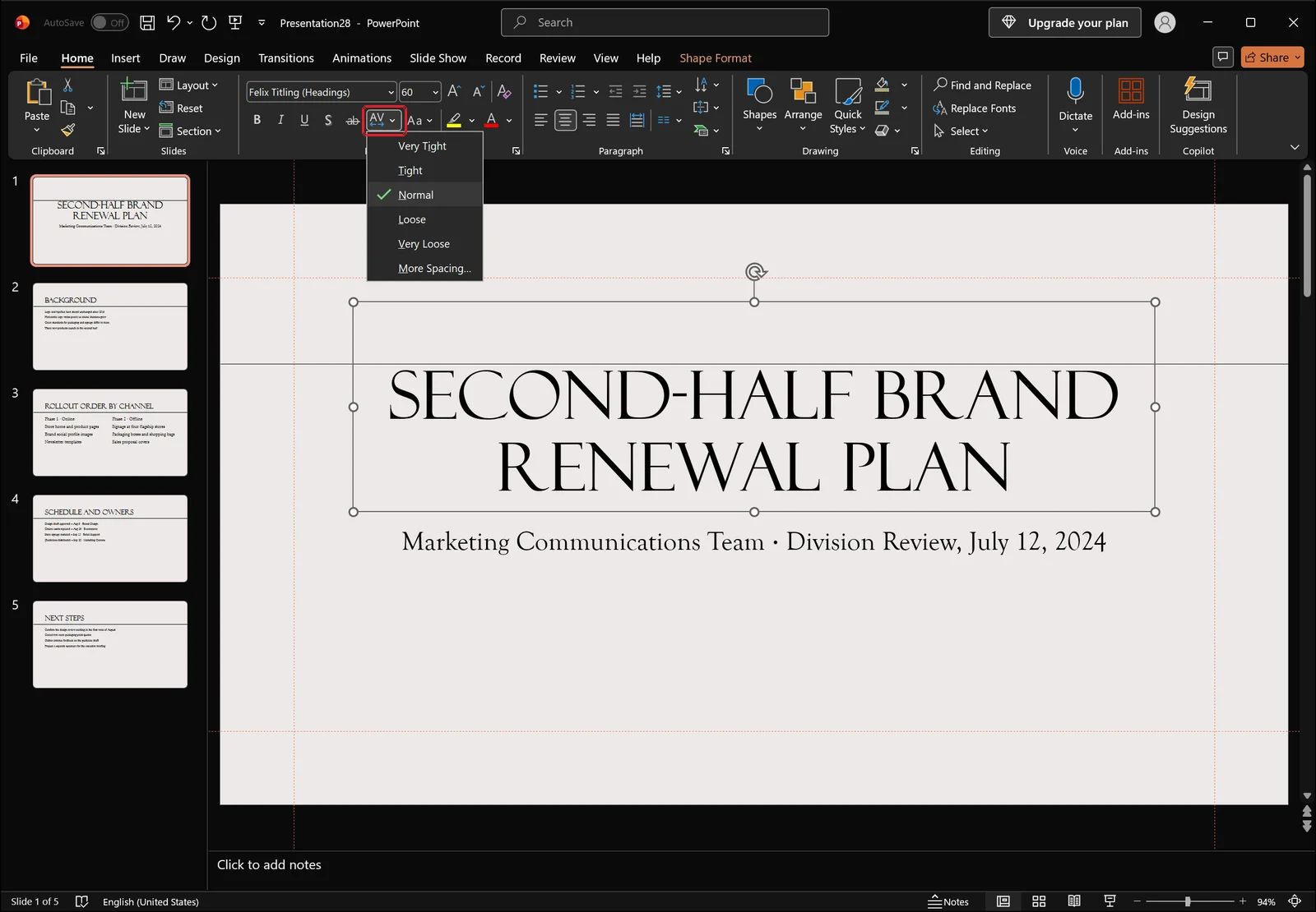 PowerPoint character spacing dropdown open showing very tight, tight, normal, loose and very loose presets