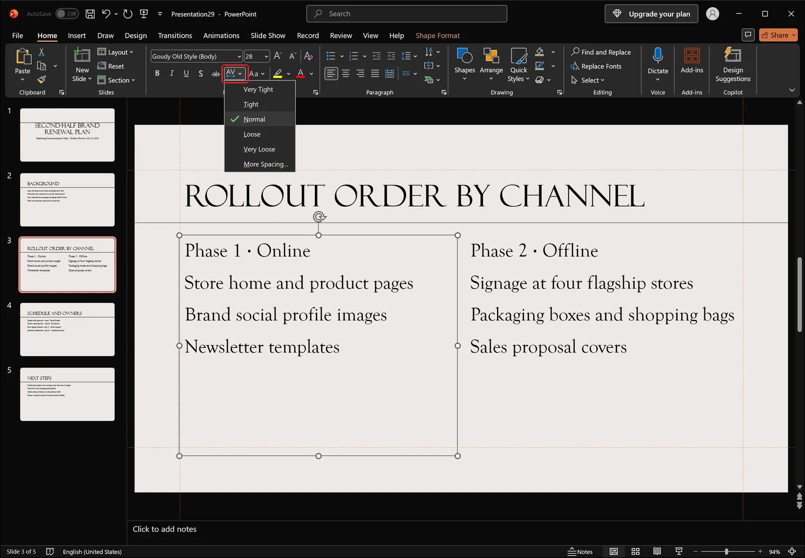 PowerPoint window with the body text selected and the character spacing gallery open