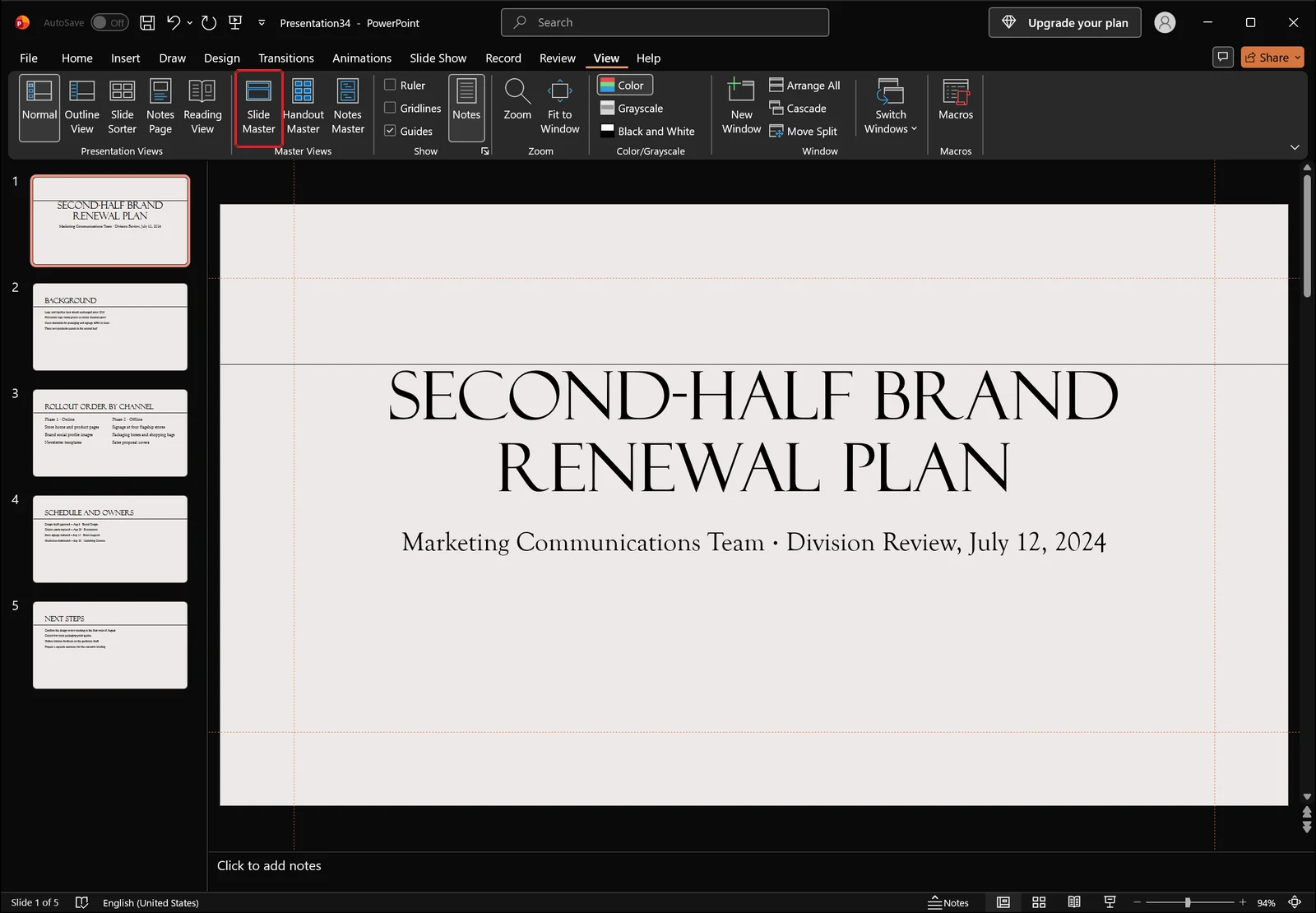 PowerPoint window with the View tab active and a red box on the Slide Master button