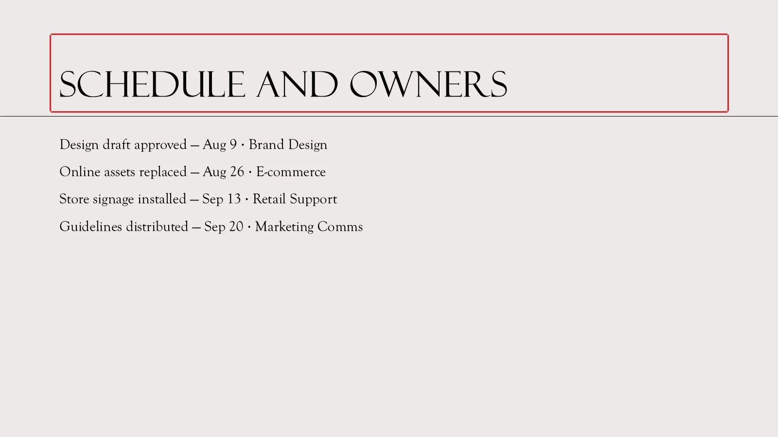 Rendered finished slide with consistent character spacing in the title and body text