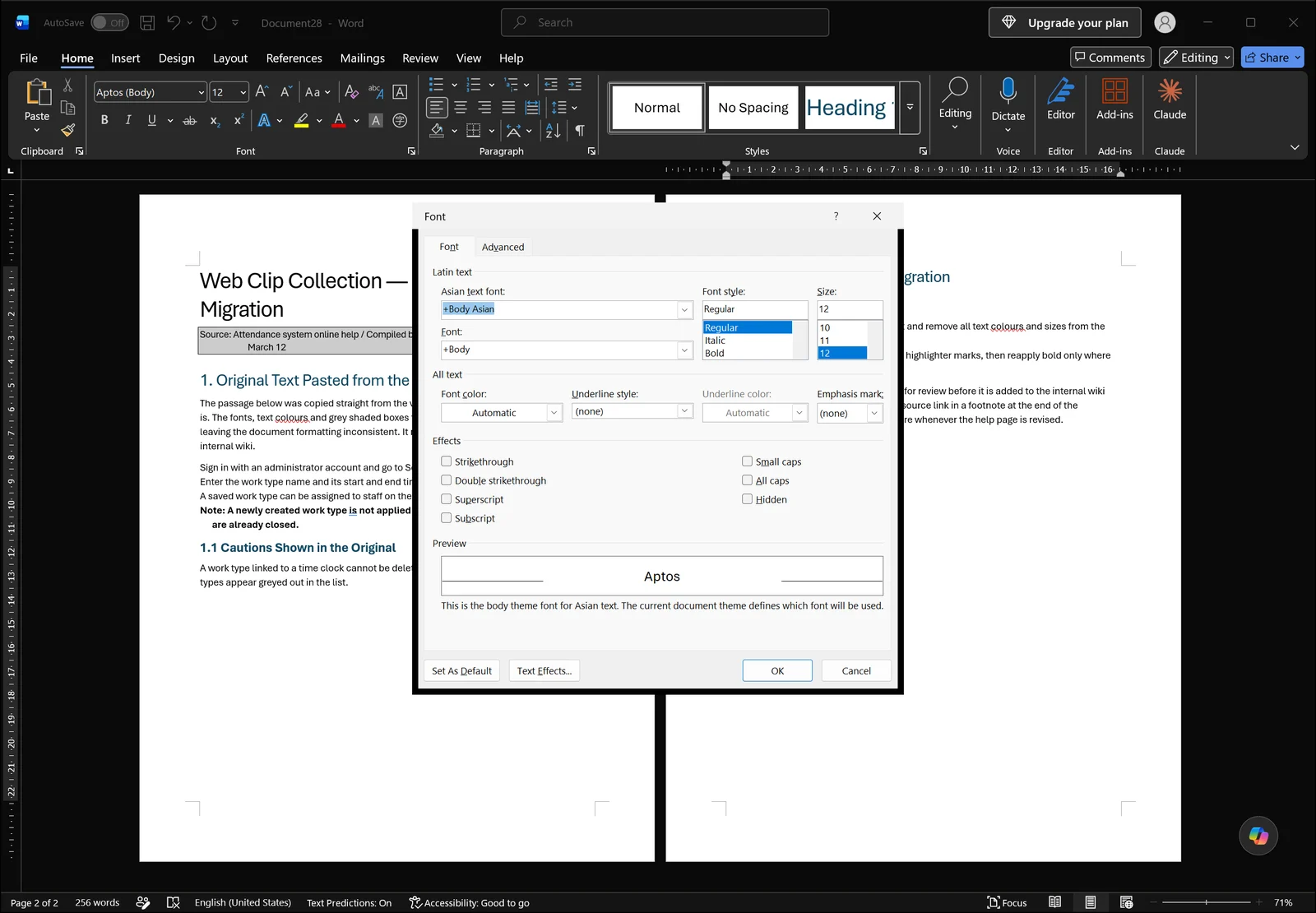 Word Font dialog box open over the document showing font, size, color and effect options