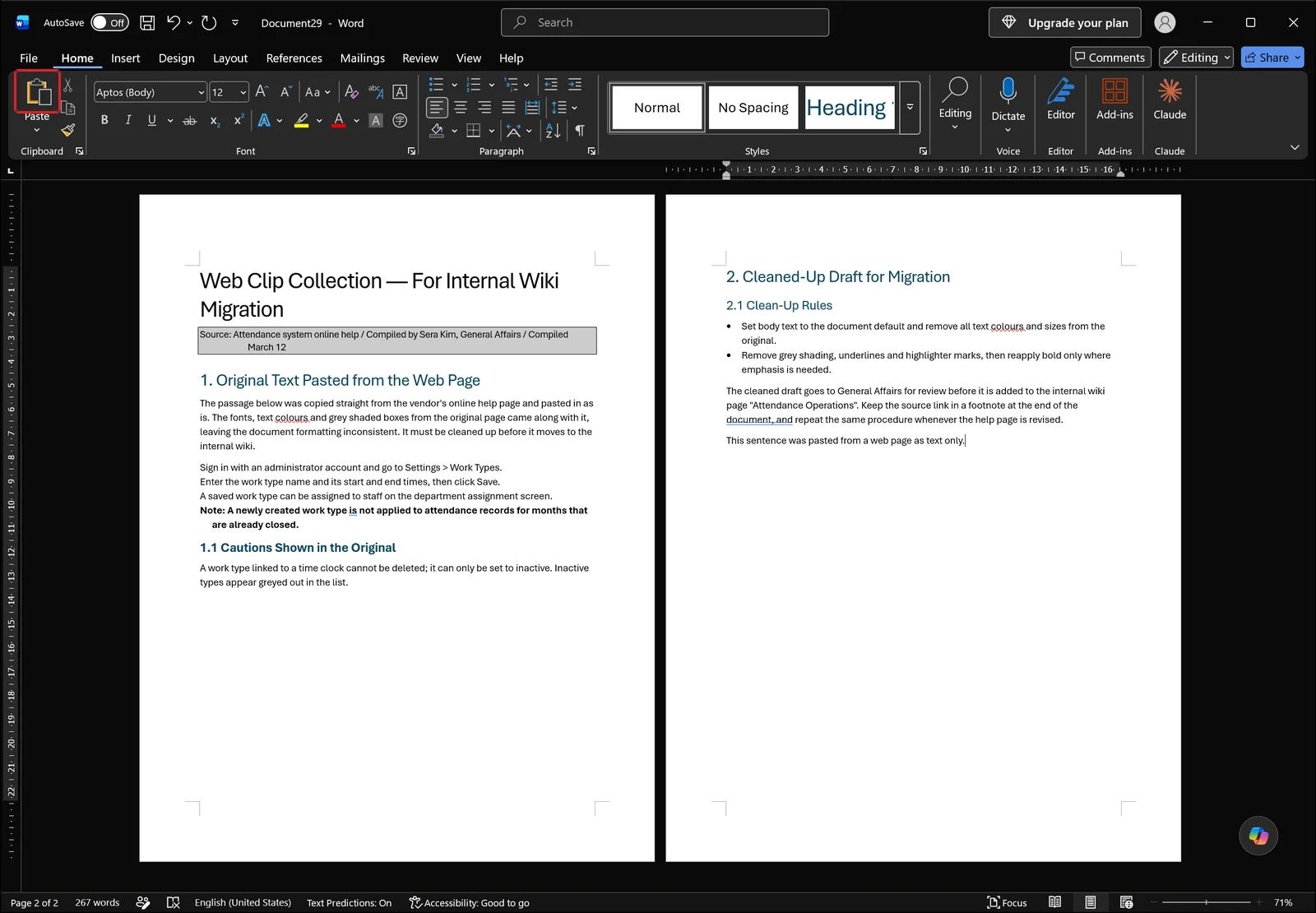 Word document with the cursor on the line "This sentence was pasted from a web page as text only.", Paste button highlighted in the Clipboard group