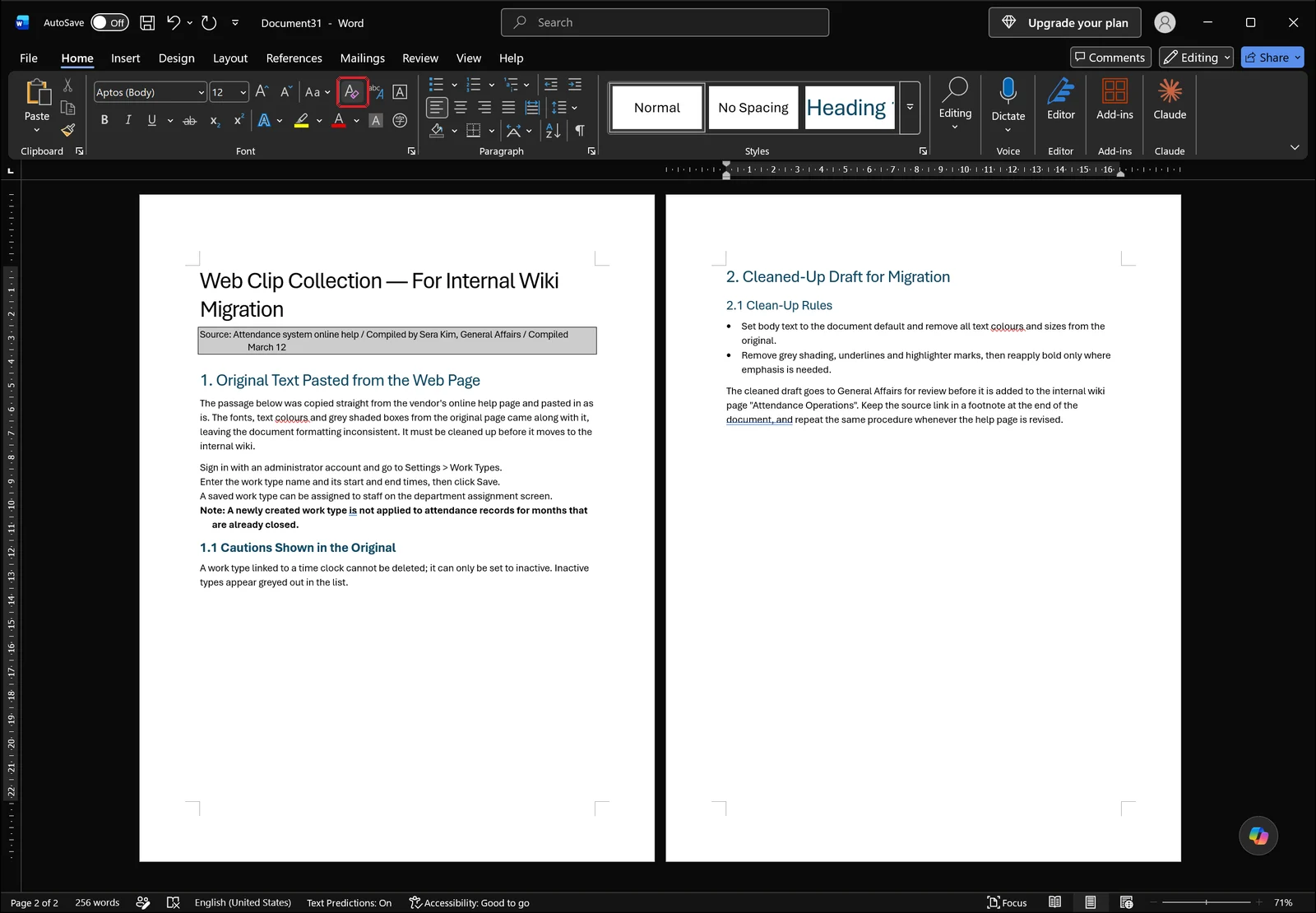 Word Home tab with the Clear All Formatting eraser outlined in red, the pasted document below still showing its grey shaded source box and blue heading lines
