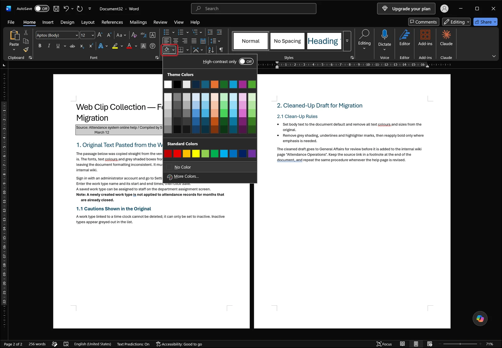 Word Shading color dropdown open with the no-color option, Shading button highlighted